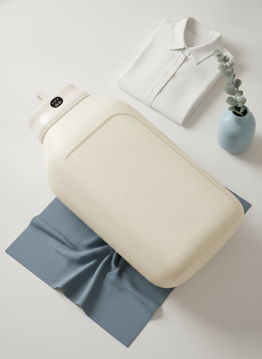Close-up flat-lay of a Compact Electric Clothes Dryer on a clean white surface, with a single piece of clothing, highlighting